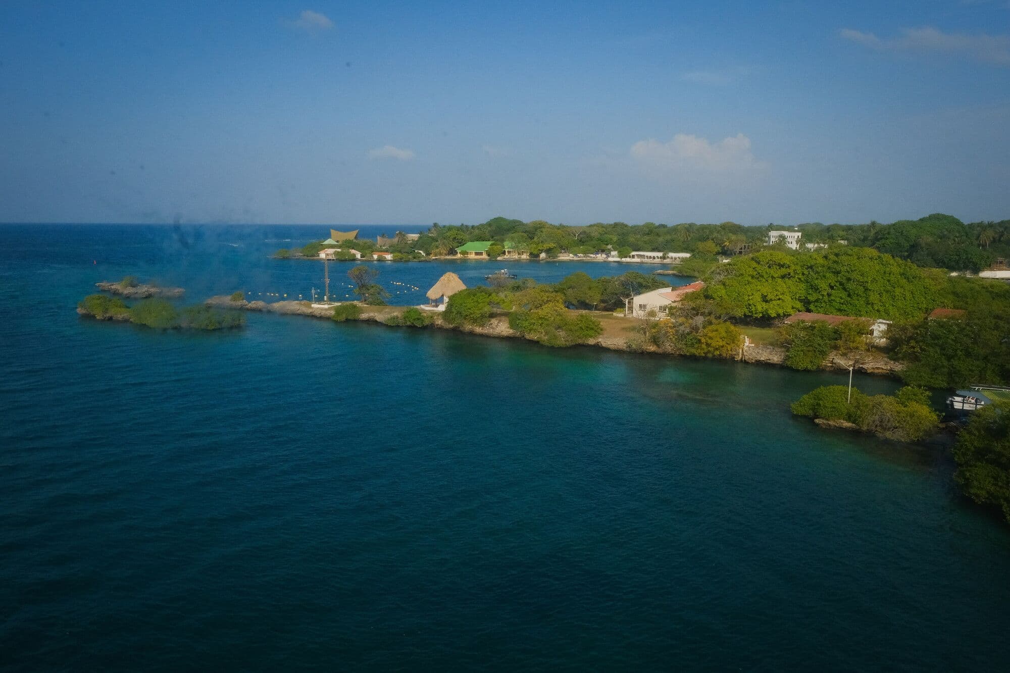 Aerial view of the Islas del Rosario, green islands in deep blue water